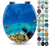 Sanfino® Premio Sedile WC ammortizzato - Copriwater Universale di alta qualità in legno, tanti motivi colorati, seduta comoda, facile da montare con istruzioni di montaggio incluse - "Coral Reef"