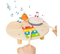 Sanfoelek - Set di batteria 4 in 1 in legno, strumento musicale a percussione multifunzionale, xilofono, raschietto, campana con 2 bacchette per battere ritmo, regalo di Natale e compleanno