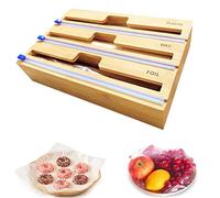 Sanfoelek WrapNeat - Dispenser 3 in 1 con taglierina ed etichette, pellicola in plastica, foglio di alluminio e carta cerata, per cassetti da cucina, porta rotolo di bambù, compatibile con rotoli da