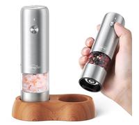 Sangcon Mini set di macina per sale e pepe elettrico, portatile, ricaricabile, USB, per bambini, 5 amidi, regolabile, in acciaio inox con base in legno, adatto per il campeggio