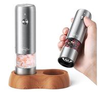 Sangcon Mini Set Macina Sale e Pepe Elettrico con Base in Legno, Ricaricabile USB, Piccolo Macinapepe Automatico, da Viaggio/barbecue/bambini, Controllo con un Pulsante (Acciaio inossidabile)