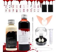 Sangue artificiale per Halloween, 120 ml, in lattice liquido da 60 ml, per Halloween, con denti da vampiro, orecchie e trucco per trucco, zombie, vampiri, costumi, mostri, cosplay