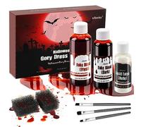 Sangue artificiale per Halloween, 58 ml, sangue fresco artificiale, 48 ml, teatro rosso scuro, 28 ml, lattice liquido, pennello per trucco, set da trucco e spugna, lavabile per Halloween, zombie