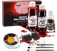 Sangue artificiale per Halloween, 58 ml, sangue fresco artificiale, 48 ml, teatro rosso scuro, 28 ml, lattice liquido, pennello per trucco, tavolozza per trucco e spugna, lavabile per Halloween zombie
