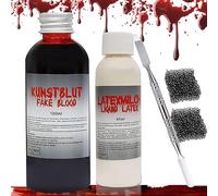 Sangue artificiale, sangue finto per Halloween, sangue film, sangue artificiale, 100 ml, latte lattice da 60 ml, sangue di zombie con 2 spugne per trucco e spatola per trucco Halloween cosplay