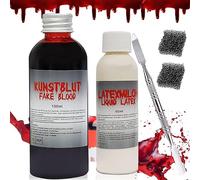 Sangue Finto Halloween, 100 ml Fake Blood, Ferite Finte Halloween Make Up+20 Tatuaggi Halloween, Sangue Finto Halloween Lavabile, Sangue Finto per Trucco Halloween Carnevali Zombie Vampiro Cosplay
