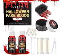 Sangue Finto Halloween Set,30ml Sangue Gocciolante+30ml Sangue Finto Spray + 30g Plasma Coagulato+10 Denti da vampiro+Spugna,Lavabile Halloween Trucchi per Make Up Trucco Zombi,Vampiri,Cosplay