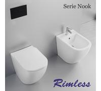 SANITARI BAGNO A TERRA VASO WC RIMLESS COPRIVASO SOFT CLOSE E BIDET BIANCO NOOK
