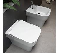 Sanitari Filo Muro con Scarico traslato Rimless, in Ceramica Bianca Lucida Serie Synthesis, Incluso Copri WC rallentato con sgancio rapido