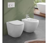 Sanitari filomuro in ceramica bianco lucido con brida e scarico traslato a parete o pavimento, sedile originale soft-close con sgancio rapido, linea FLAN