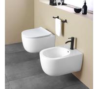 Sanitari Sospesi Filomuro CLOUD VORTEX, Bidet e Vaso WC Rimless Senza Brida con Scarico a Vortice, Coprivaso Soft Close, Ceramica Bianca, Scarico Universale Parete