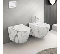 Set Sanitari Sospesi Rimless In Ceramica Con Effetto Marmorizzato Bianco Linea Tokyo, L 36 x P 55 x H 33 Cm, Completo Di Sedile Soft-Close