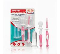 Sanitral Baby First - Kit di spazzolini da denti passo dopo passo da 0 a 2 anni, testato per la sicurezza e senza BPA, confezione da 3 (spazzolino da dito per bambini, spazzolino da denti in silicone