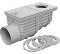 SaniVia Scarico Laterale per Tubo Antipioggia DN 110, con sifone e Struttura Piatta, con Anelli adattatori da 75 - 125 mm, Scarico per grondaia, in plastica, Grigio