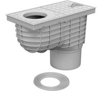 SaniVia Scarico per Tubo Antipioggia DN 125, Scarico per grondaie con Copertura eccentrica, sifone per odori, Attacco da 75 a 125 mm, Scarico a Pavimento, Polipropilene, Grigio