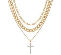Sanixa Karma HK1031 - Collana da donna a strati con croce dorata e zirconi, multifilo, 40 cm, gioiello da donna, regalo per lei