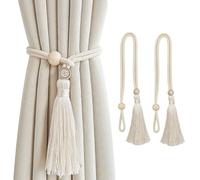 SanKristo 2 Pezzi Fermatende per Tende in Corda di Cotone Naturale, Boho Fermatenda con Fibbia in Cristallo Regolabile, Tiranti per Tende con Pendente di Nappe per Tenda Decorazione (Beige)