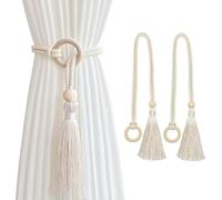 SanKristo 2 Pezzi Fermatende per Tende in Corda di Cotone Naturale, Boho Fermatenda Regolabile con Pendente di Nappe, Tiranti per Tende con Fibbia a Cerchio per Tenda Decorazione (Beige)
