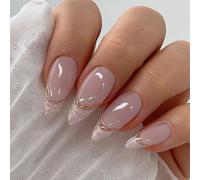 SanKristo 24 pezzi unghie finte a pressione, unghie finte lunghe a mandorla con bordo dorato e glitterate, accessori per nail art lucide per donne e ragazze, morbide e rimovibili, rosa