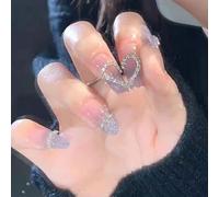 SanKristo 24 pezzi unghie finte pressione, unghie finte lunghe punta francese forma bara glitter e strass 3D lucide, accessori nail art per donne ragazze, morbide, rosa sfumato grigio