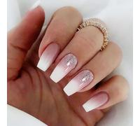 SanKristo 24 unghie finte con stampa a sfumatura quadrata, lunghezza media, con sfumatura di bianco e rosa, riutilizzabile, per donne e ragazze