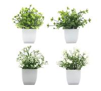SanKristo 4 Pezzi Piccole Piante Artificiali in Vaso, Altezza 16 cm Finte Pianta Stella Alpina, Millefoglio, Achillea, Margherita, Mini Piante Finte Decorativa per Interni ed Esterni per Casa