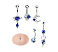 SanKristo 5 Pezzi Set Piercing Ombelico in Acciaio Inossidabile da 10 mm, Lungo Ombelico Barbell Ipoallergeniche con Zirconi Cubici, Piercing Gioielli Pendente Blu a Forma di Cuore per Donna, Argento