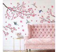 SanKristo Adesivi Murali Uccello Fiori di Ciliegio, Uccelli di Fiori Rosa Adesivi Muro Camera da Letto Soggiorno Divano TV Sfondo Muro, Autoadesivo Carta da Parati Rosa Arte