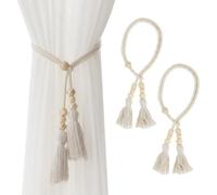 SanKristo Tiranti per Tende 2 Pezzi, Due Modi di Legare la Corda della Tenda Boho Tassel No Punching Lunghezza Regolabile Perline di cubo Mano Tessuto Corda Cravatte per Tende Accessori Beige