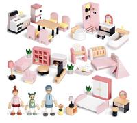Sanlebi Set di Mobili Casa Bambole Legno, 36 Mobili Casa Bambole con 4 Bambole di Famiglia, Accessori Casa Delle Bambole, Giocattoli Per Bambini dai 3 Anni In Su