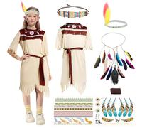 SANLIUSANJIU Costume Indiano Bambina Vestito, 4-11anni Bambini Halloween Carnevale Abito Costume Indiano set con Fascia Capelli Piume Copricapo Indiana Collana Girocollo Tatuaggi Accessori