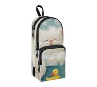 sanluoli Astuccio vintage in nylon con 3 scomparti con disegno di anatra con gatto che fa il bagno e l'anime, astuccio con manico di grande capacità, per adolescenti, cancelleria per adolescenti