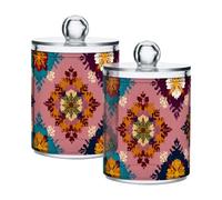 sanluoli Barattoli in plastica trasparente con motivo floreale bohémien, con coperchio, accessori per ufficio, contenitori decorativi per cotton fioc, tamponi di cotone, filo interdentale, graffette