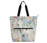 sanluoli Bella borsa tote per libri con fiori e cavalli, per bambini, donne, uomini, gotica, impermeabile, borsa a tracolla con cerniera per scuola, shopping, viaggi, forniture scolastiche arcobaleno
