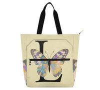 sanluoli Borsa larga per libri con farfalla lettera L, per bambini e adulti, gotica grande borsa della spesa con cerniera per università, shopping, spiaggia, forniture scolastiche arcobaleno