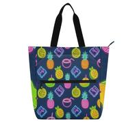 sanluoli Borsa per la spesa estiva al neon con ananas e frutta al cocco, per bambini, donne, uomini, gotica, leggera, riutilizzabile, con tasche con cerniera, per scuola, shopping, generi alimentari