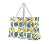 sanluoli Borsa tote in stile tropicale con fiori e foglie di palma gialla e blu, grande capacità, portatile, con tasche laterali, weekender durante la notte, perfetta per viaggi, piscina, nuoto
