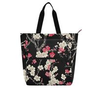 sanluoli Borsa tote nera con fiori cinesi carini per ragazzi ragazze donne, gotica robusta borsa della spesa con cerniera per college shopping spiaggia arcobaleno forniture scolastiche