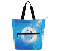 sanluoli Borsa tote per bambini con gatto blu bianco anime per bambini studenti adulti, gotica resistente all'acqua riutilizzabile borsa per la spesa con cerniera per scuola, shopping, spiaggia