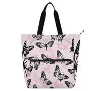 sanluoli Borsa tote per libri con farfalla nera e pesca, per bambini, studenti, adulti, gotica, leggera, con tasche con cerniera, per scuola, shopping, spiaggia, forniture scolastiche arcobaleno