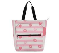 sanluoli Borsa tote per libri d'amore a righe bianche pesca cuore labbra per bambini adulti, gotica grande borsa della spesa riutilizzabile con cerniera per scuola, shopping, viaggi, forniture
