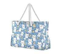 sanluoli Carino Cartoon Cats Fiori Blu Portatile Tote Carry On Bagaglio con Tasche Laterali Cerniera Tote Bag per Piscina Palestra Drogheria Viaggi