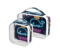 sanluoli Confezione da 2 borse da toilette da appendere trasparenti estive al neon con balena nera approvata TSA borsa da viaggio trasparente da viaggio essenziale, Estate neon Whale wave nero