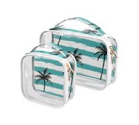sanluoli Confezione da 2 borse da toilette trasparenti con palme estive blu da spiaggia grande approvata TSA borsa multifunzionale per il trucco piccola essenziale per la rasatura, palma estate