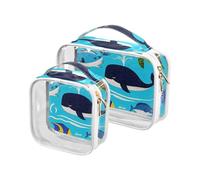 sanluoli Confezione da 2 borse da viaggio trasparenti Ocean Whale Turtle Fish Blue Sea da toeletta approvate TSA riutilizzabili borsa cosmetica da viaggio conforme alle compagnie aeroportuali, balena
