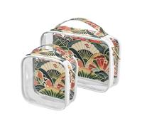sanluoli Confezione da 2 kit da toilette da viaggio in stile giapponese trasparente con motivo a ventaglio TSA approvato piccola borsa per il trucco portatile Kit da barba da uomo, stile giapponese