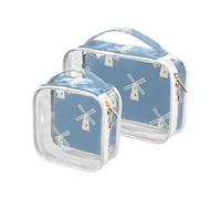 sanluoli Confezione da 2 sacchetti da toilette trasparenti con mulino a vento blu bianco grande approvato TSA borsa per il trucco trasparente riutilizzabile essenziale per la rasatura, Mulino a vento