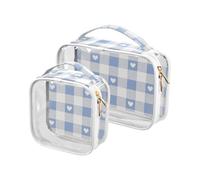 sanluoli Confezione da 2 sacchetti da viaggio trasparenti con motivo a quadri blu e grigi, borsa da viaggio impermeabile approvata TSA, borsa da viaggio essenziale, adorabile plaid blu grigio amore