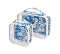 sanluoli Confezione da 2 sacchetti trasparenti blu bianchi Boho Flowers Bloom trasparenti approvati TSA sacchetti trasparenti per le donne essenziali per la rasatura, fiori boho blu bianchi fioriscono