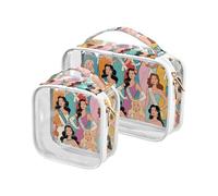 sanluoli Confezione da 2 sacchetti trasparenti da appendere Miss Beautiful World Cartoon da appendere TSA borsa portatile per il trucco organizer Airport Airline Compliant, Miss Beautiful World